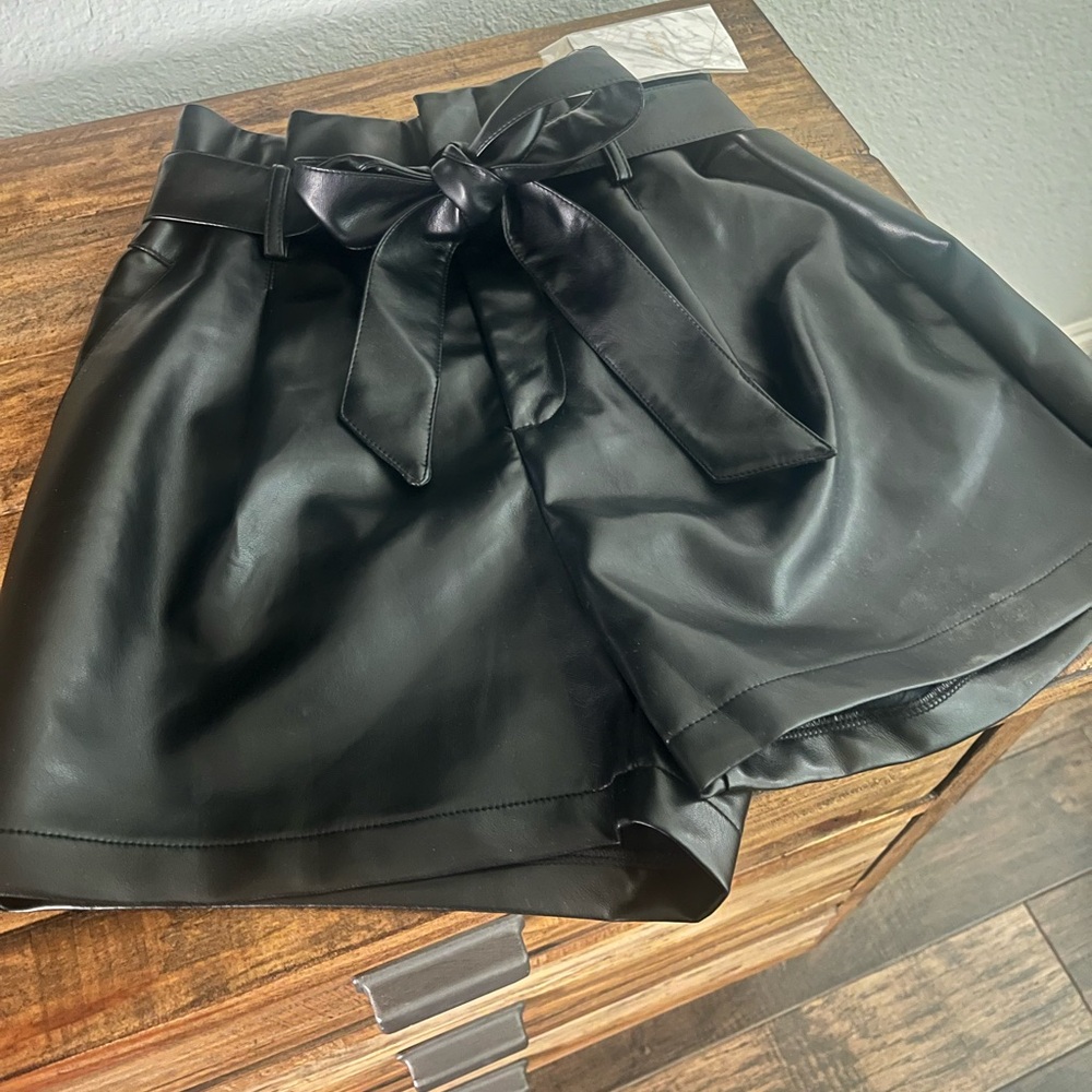 Black Leather Tie Shorts